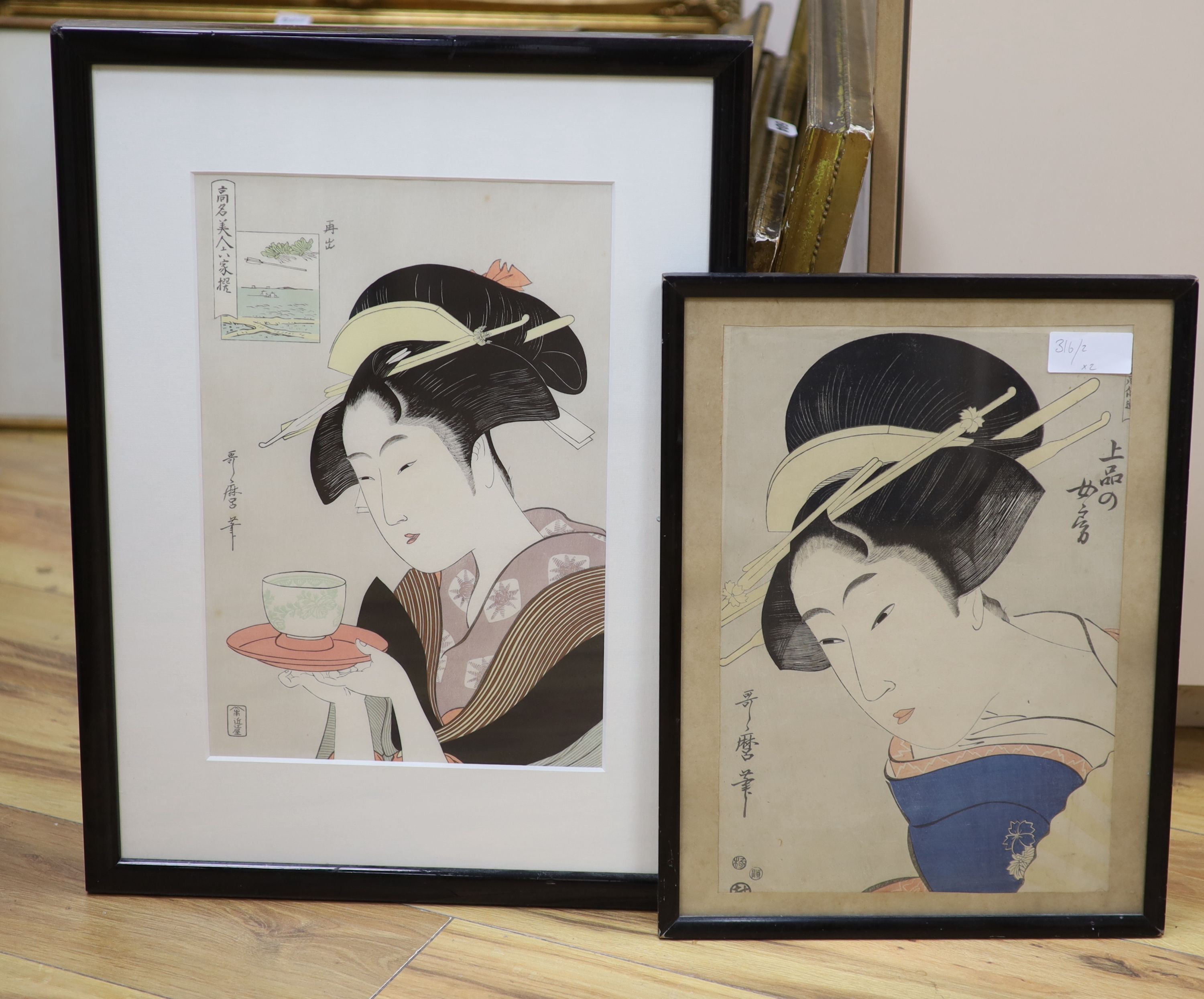 Japanese School, two woodblock prints, Woman serving tea and Head study, largest 37 x 25cm